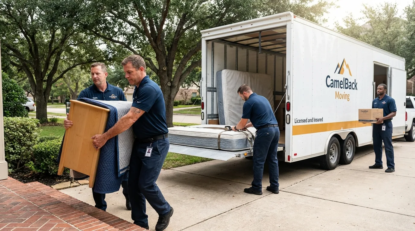 Crew loading residential truck for cross-state move from Freedom, CA