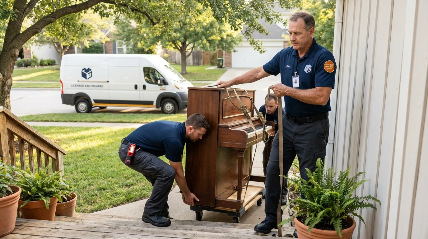 Licensed piano movers securing grand piano in Freedom, CA