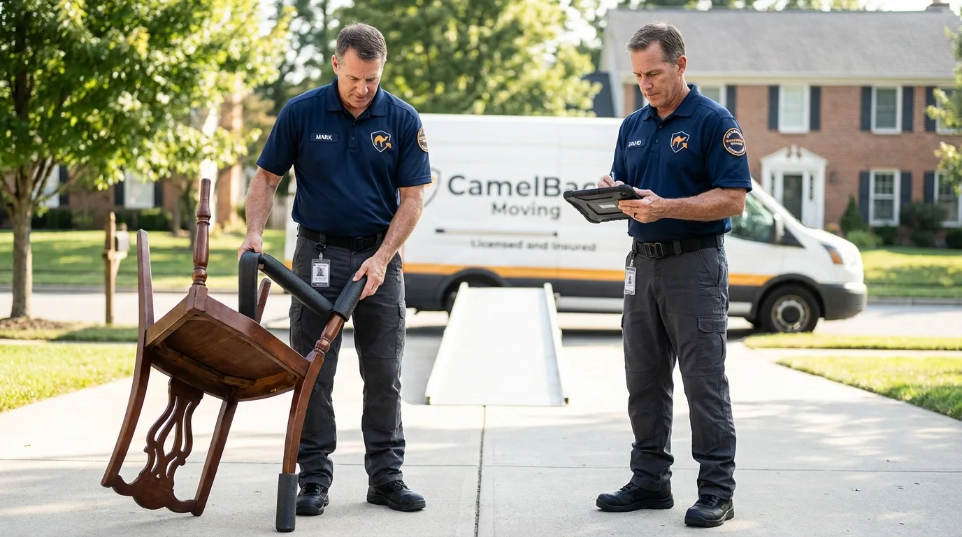 Movers inspecting furniture for damage prevention before loading in Freedom, CA