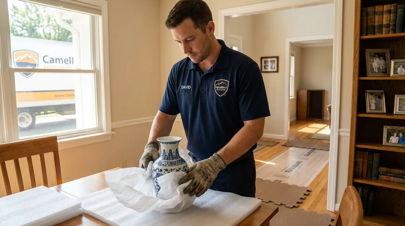 Professional crew carefully wrapping antique vase for senior downsizing move in Freedom, CA